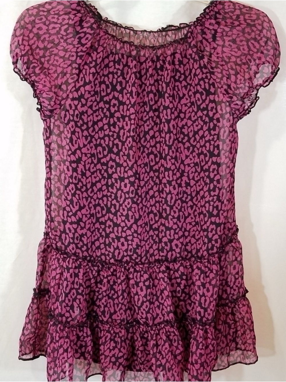 George Pink Leopard Print Sheer Ruffle Tunic Top
